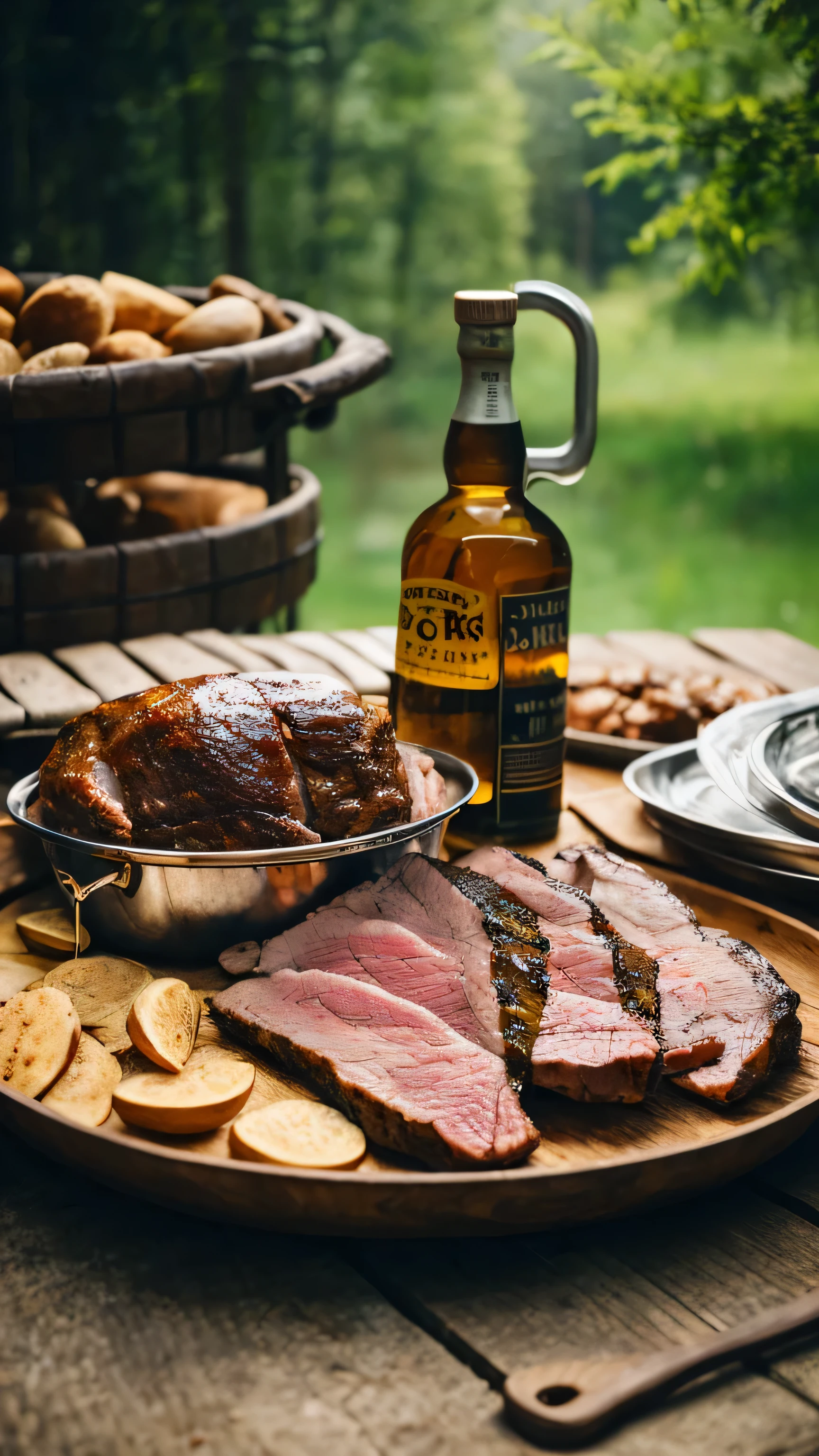 8k,Very detailed, masterpiece,High resolution,Highest quality,Increase the resolution,Cinema Lighting,Sierra Cup,Skillet,Dutch Oven,Silver tray、Silver Cup,Primitive meat dishes,camp,Camp,Outdoor,Starry Sky,Ground Style,Rum Rocks,whisky,Liquor bottles are placed haphazardly,Primary forest
