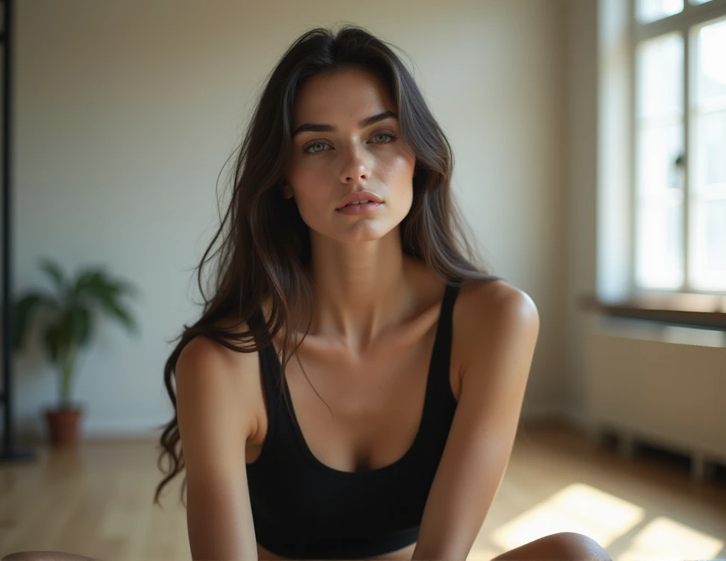 headshot, ukrainian girl, 2, beautiful, in a ((gym)), sit in room, hands on hips, makeup, long straight hair, pale skin, fair skin, white skin, AS-Adult