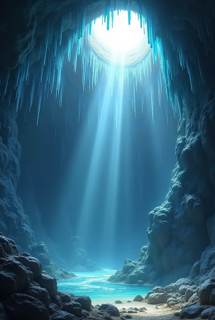 a hole in the wall of a cave through which the sun's rays are reflected on the blue stalactites as sunbeams, a halo effect