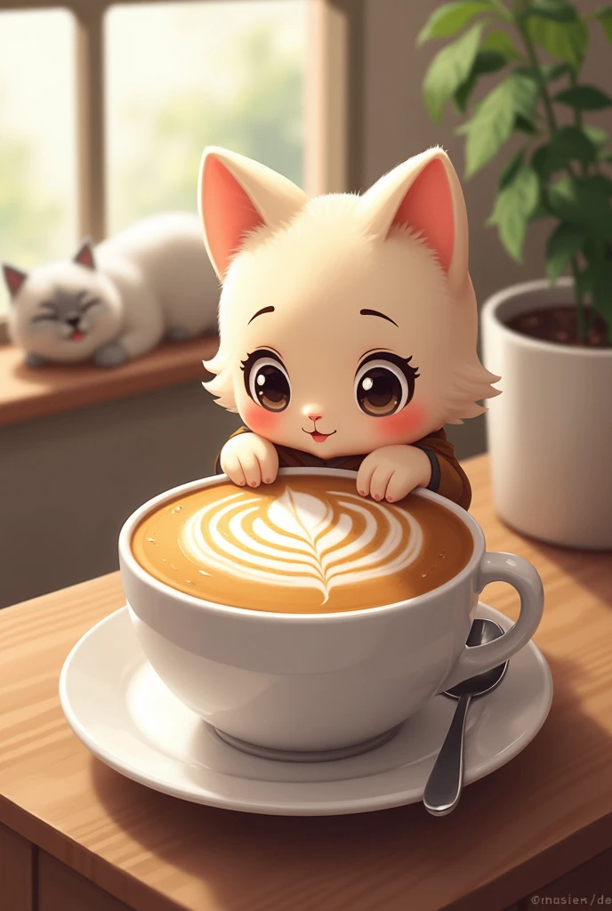 Chibi character x latte art、Cat
