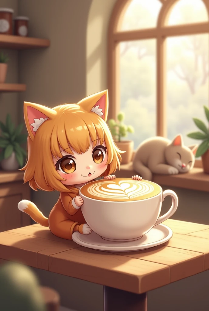 Chibi character x latte art、Cat