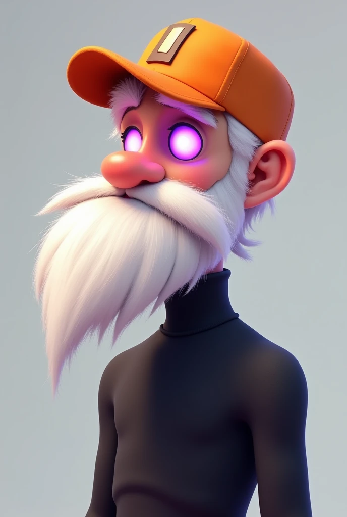 Create a cartoonish male character with a black turtleneck shirt ,white bearded , eyes with purple fire and orange cap turned backwards 