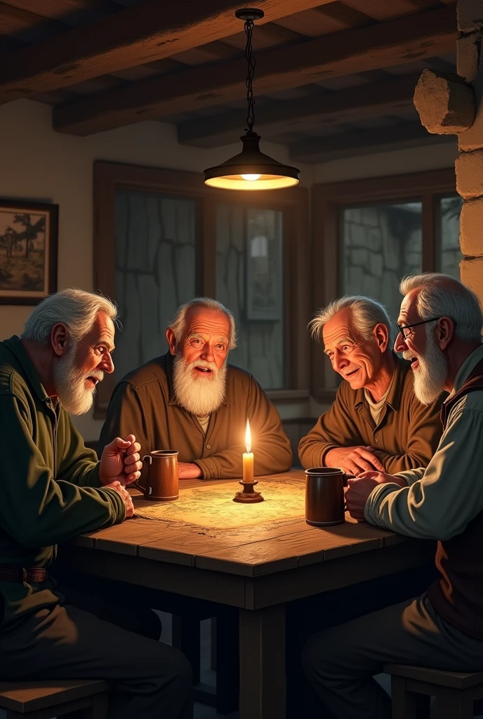 old villagers, telling stories by candlelight in a bar 
