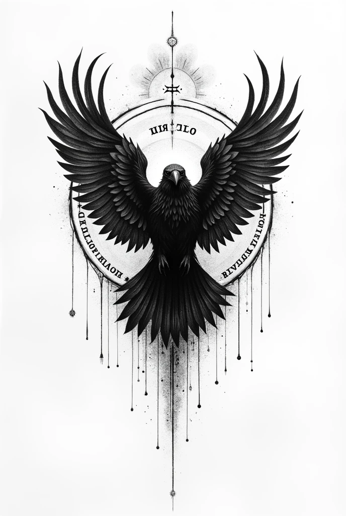 Create a black and white pointillism tattoo of a raven flying with worn feathers towards the horizon with Viking runes