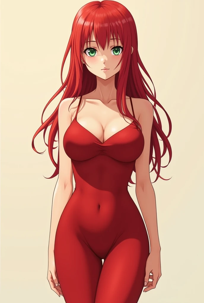 Generates images of a red-haired girl with long hair bangs and a tight red dress, an anime version that looks about 3 from head to toe, with a serious look, much larger breasts and green eyes, great sensuality and a big butt.