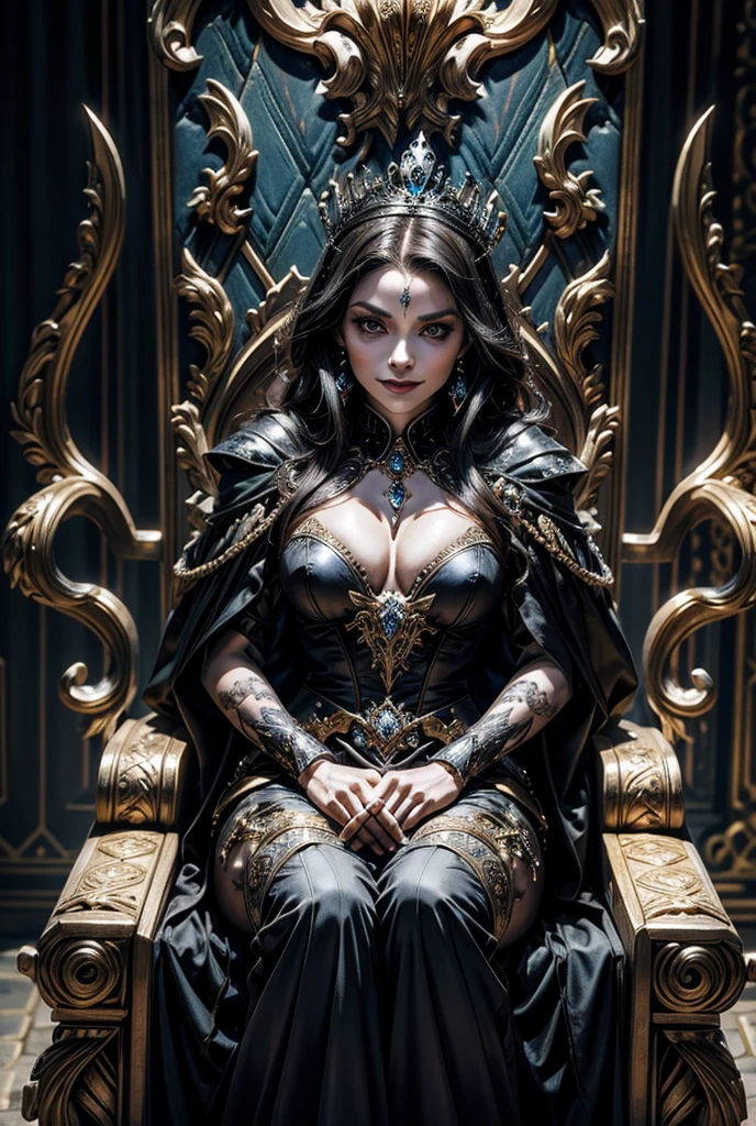 An evil queen woman sitting on a throne in the center of a village, near the throne the unusual looking inhabitants of the village, the woman is facing the camera with a sinister and mysterious smile,High Resolution, surreal inhabitants, , High Resolution, Anatomically Correct, Best Quality, Super Detailed, From Above