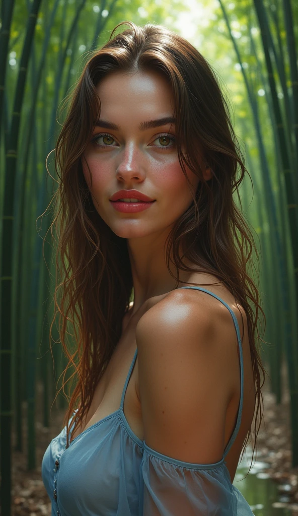 (1girl:1.3), (view the viewer:1.4), supermodel, woman with detailed brown hair, called Christina, 1 girl, 23 years, Dutch girl, in a blue see-through dress, standing in a bamboo forest long sleeves, closeup fantasy , cleavage, naked shoulders,, smiling, open mouth, realistic oil painting, dripping wet, beautiful realistic painting, narrow depth of field, 8k, nsfw, soaked in oil, wet all over, rouge lipstick, wet dripping hair,