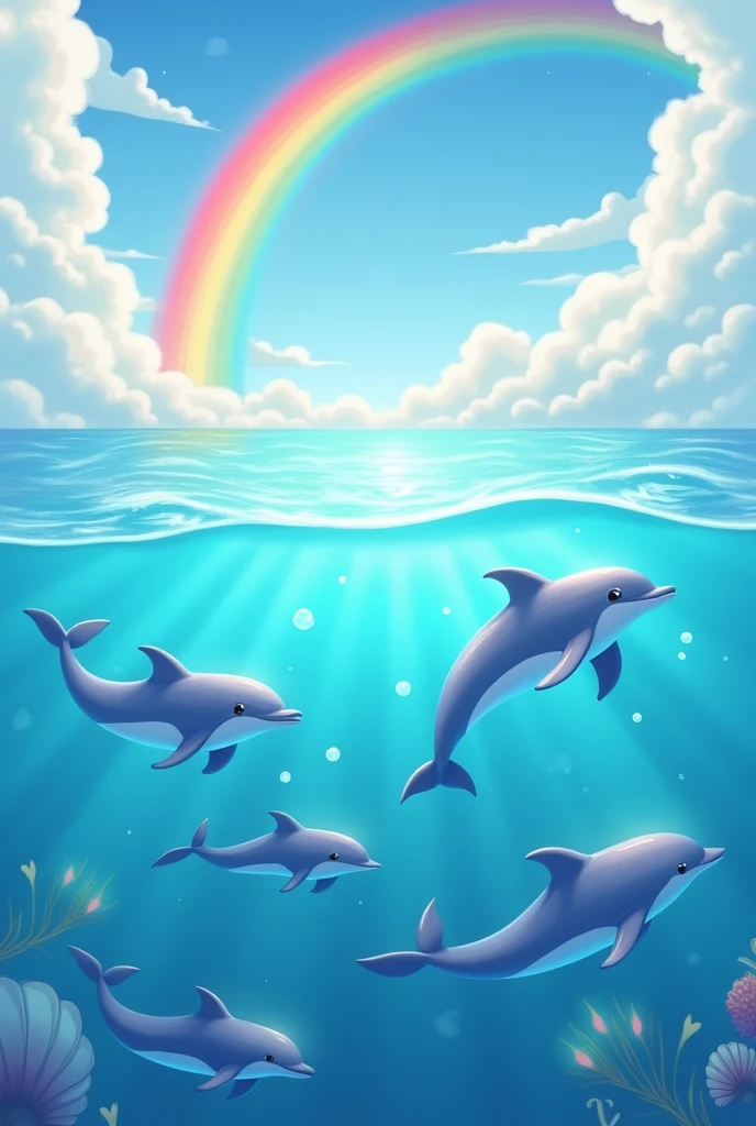 Dolphins in the sea with rainbows and cute things