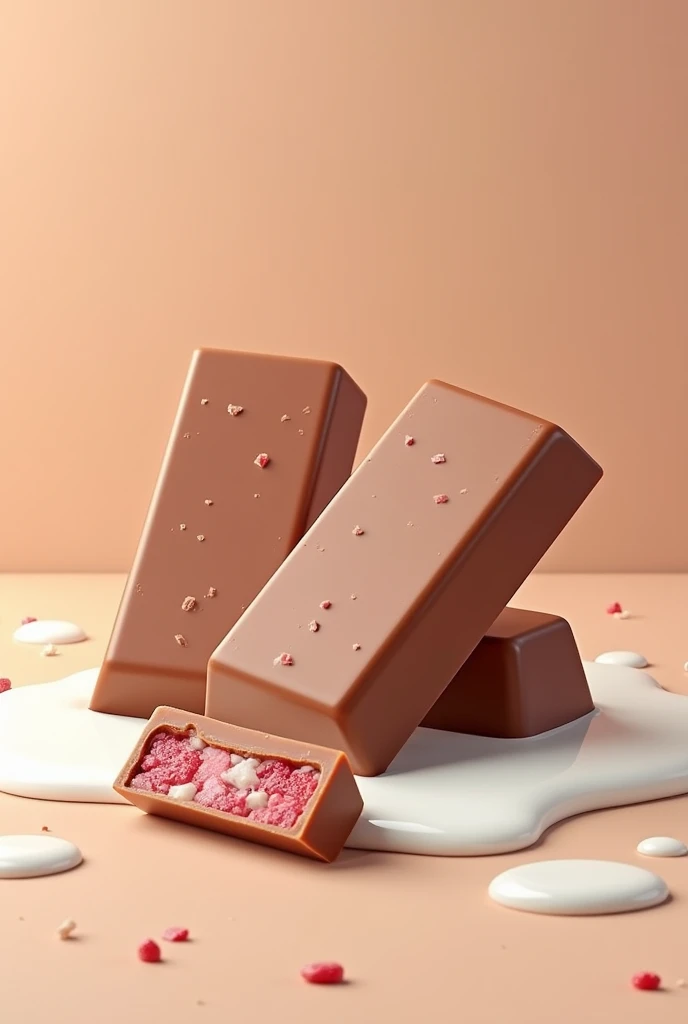 three rectangular strawberry milk chocolates, that a chocolate bar is split in half and you can see the chopped strawberries and spilled milk, that has a background of a beige wooden table and looks very real




