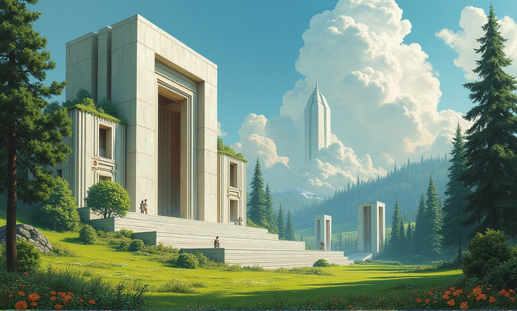 ralph mcquarie style, greek architecture done in a sci-fi style on a fair forest and meadow scene with tall buildings and open green spaces, oil painting, fair, Very detailed
