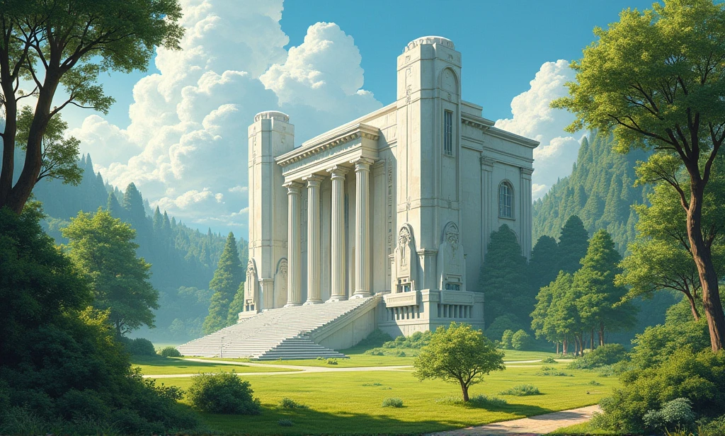 ralph mcquarie style, greek architecture done in a sci-fi style on a fair forest and meadow scene with tall buildings and open green spaces, oil painting, fair, Very detailed