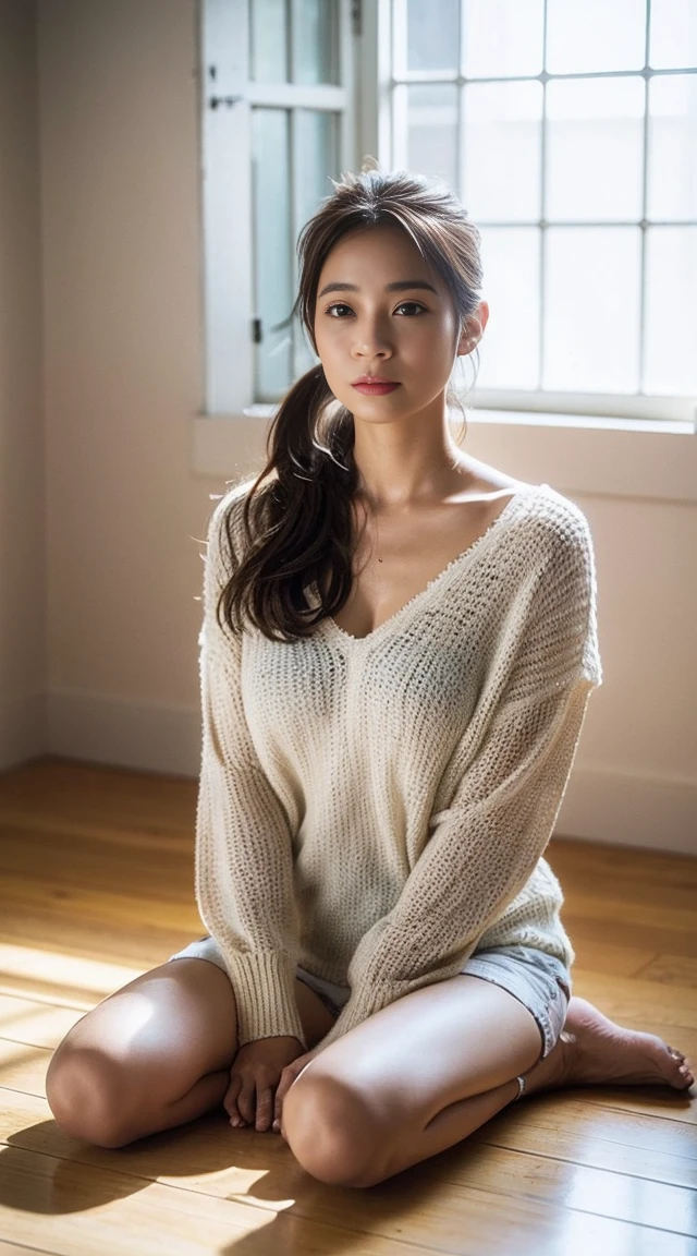 Dark brown hair、Light brown eyes、Japanese actress、 Lady、I am about 40 years old.....、(Intricate details:1.2)、(Which is the top?????:1.4)、 (Ultra-high resolution:1.2)、Ultra-high resolution、(Finely tuned)、(Detailed facial features)、Hmph、8k resolution、D cup size breasts、Long Hair、Bathroom of luxury resort hotel、A masterpiece of transparent painting、The sunlight shines in、Light and shadow、Extravagant space、relax、、,Full body photo、Head to toe shot、Beautiful feet、、Beautiful feet、she, Fashion Hub, Very detailed, Very detailed, Realistic, Hourglass Shaped Body, Obscene pose,、、私 cry a lot、tears、diagonally from below、please lift your chin、relaxした表情、Pose of Weakness、(auraroid photo:1.2)、A masterpiece of transparent painting、8k、32k、highest quality、(Details of both eyes)、1 girl、elegant、(Loose openwork knitting :1.4)、night、(Low Angle、Rear View.:1.2)、A masterpiece of transparent painting、White wall、