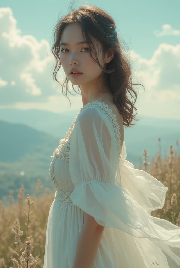 A 20 year old woman with white skin and light brown eyes dressed in a white dress with wavy hair well detailed at the end of the world