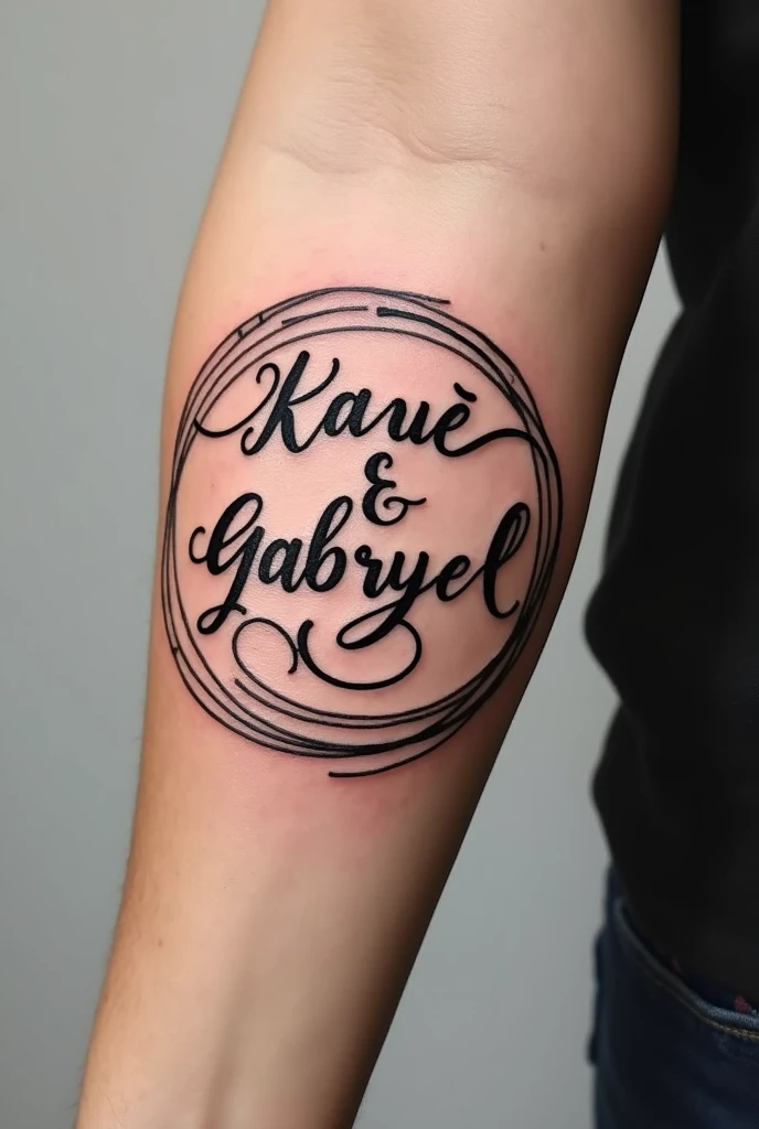 Tattoo with the names Kauê and Gabryel on the left forearm in a swirl shape