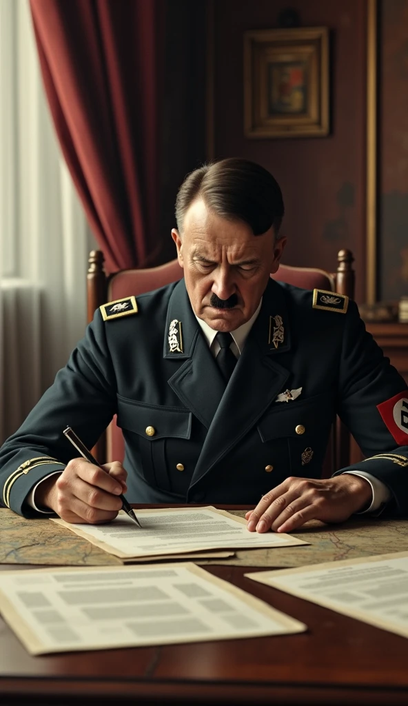 Hitler signing documents at his desk in a well-appointed office, early 1940s, wearing a dark military uniform, a determined look on his face, maps and documents spread out, an ornate room with heavy curtains and classical furniture in the background, hyper-realistic, photo realism, cinematography -- ar 9:16