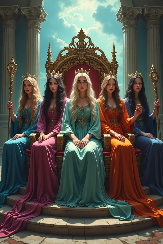 5 women dressed as witches, with a long tunic of different colors, the tunic covers their hair, with a setro in their hand, with their crown on their head, perched on a beautiful throne, behind her there is an open portal to another dimension .