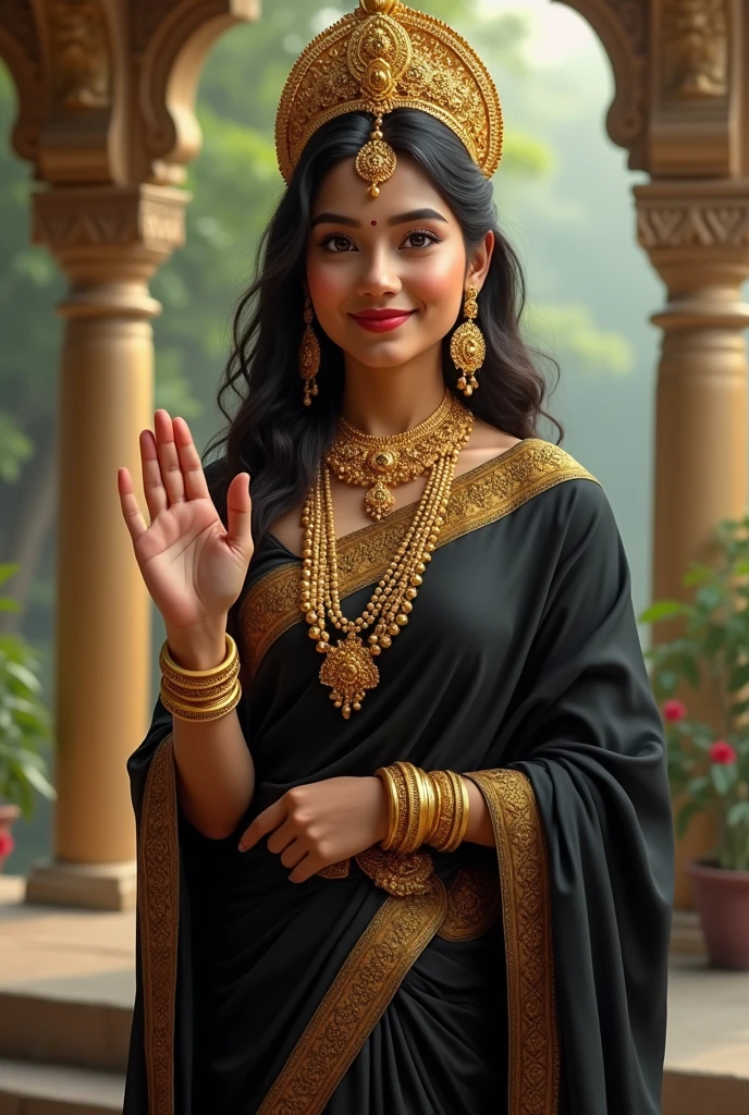 Creepy Goddess Lakshmi in a black silk saree with golden ornaments, smiling happy young and looking at camera and blessing with one hand