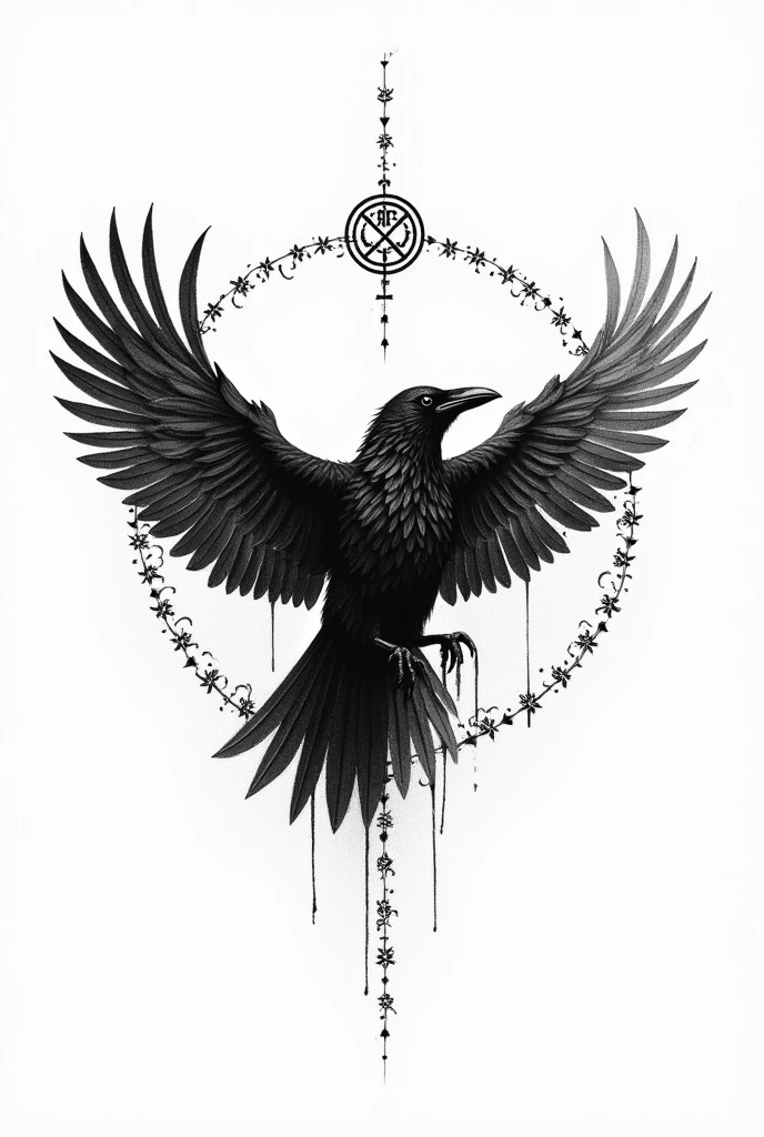 Create a black and white pointillism tattoo of a raven flying with worn feathers towards the horizon with Viking runes