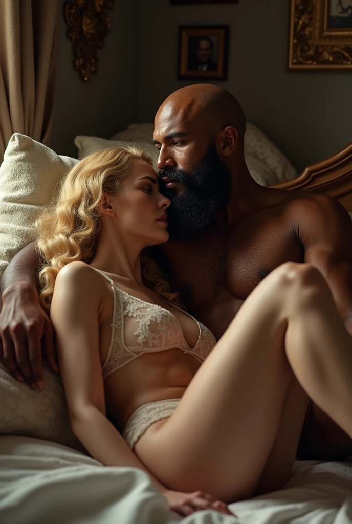 Eva Braun with a bald, big bearded black hunk, eva is in lingrie and the man is in boxers as they are lying in bed