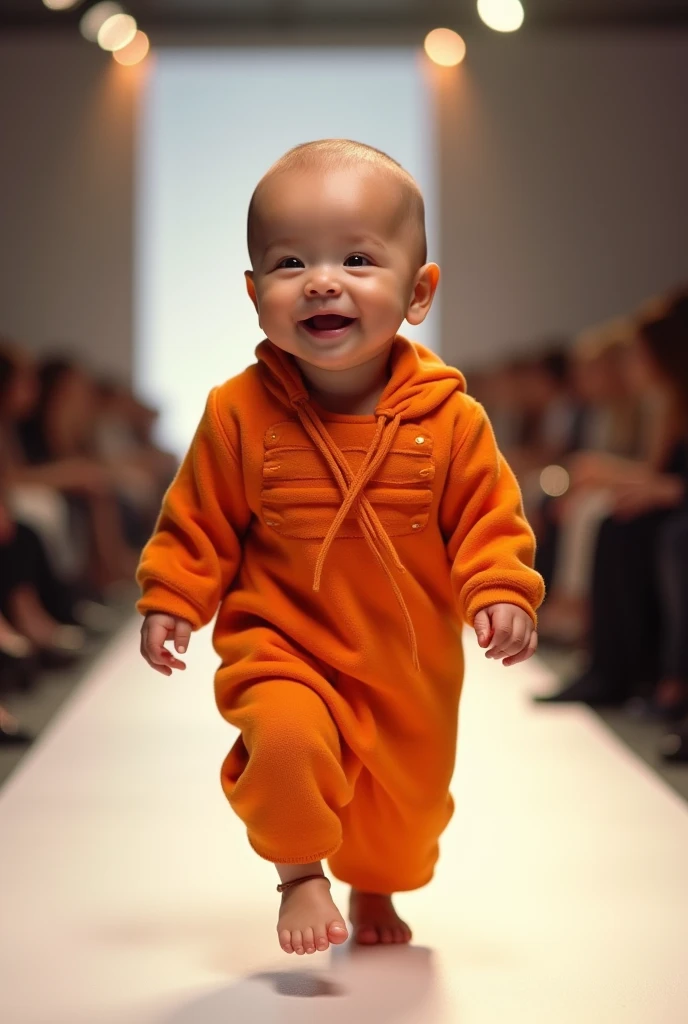 Excessively detailed  smiling wearing  a Orange in a real life fashion show with full body