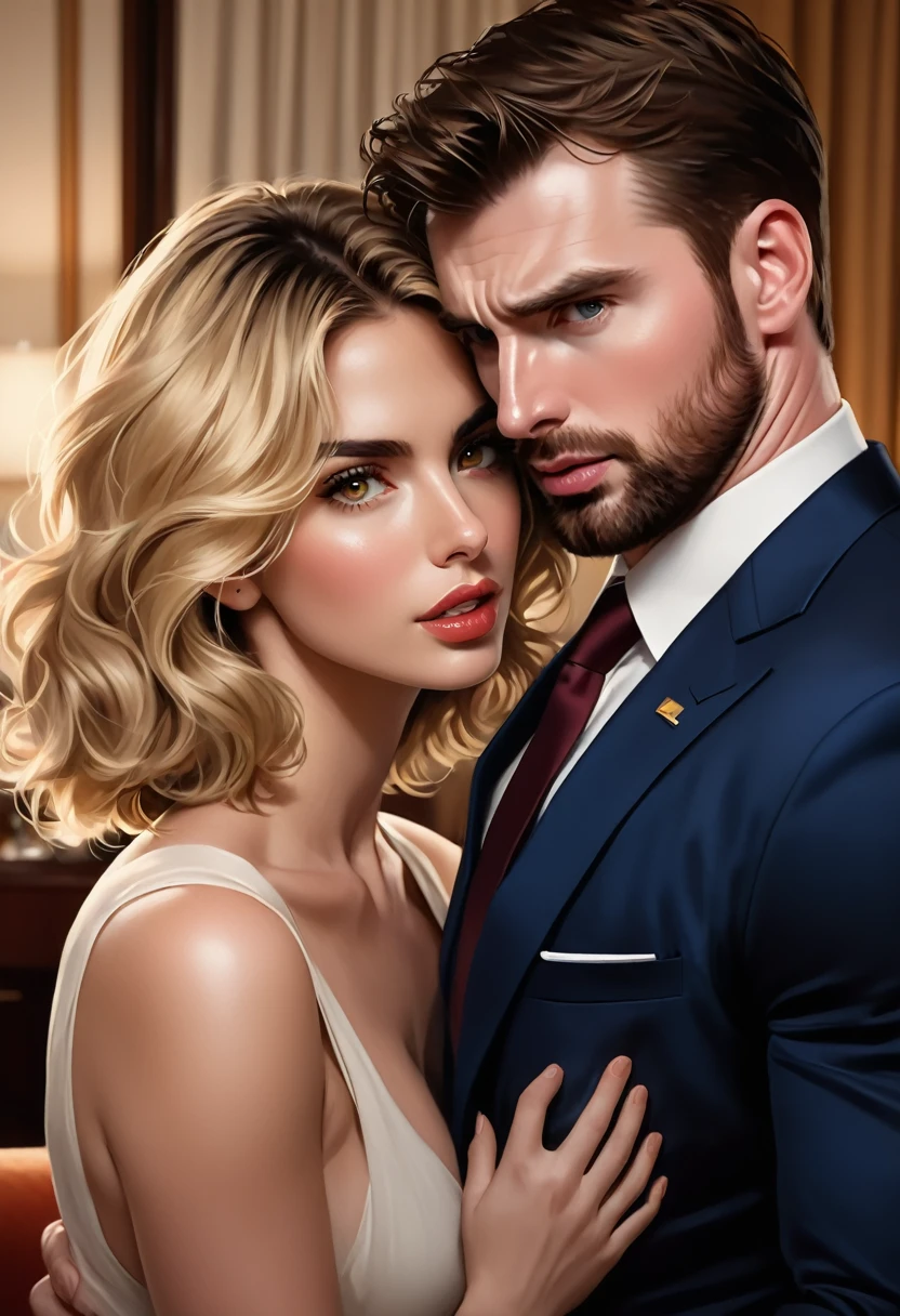 Generate the image of a couple. 
 The beautiful Ana de Armas, gold eyes, short wavy blonde hair. 
And the beautiful Chris Evans.
Both in a hotel suite, the scene denotes sensuality and passion.