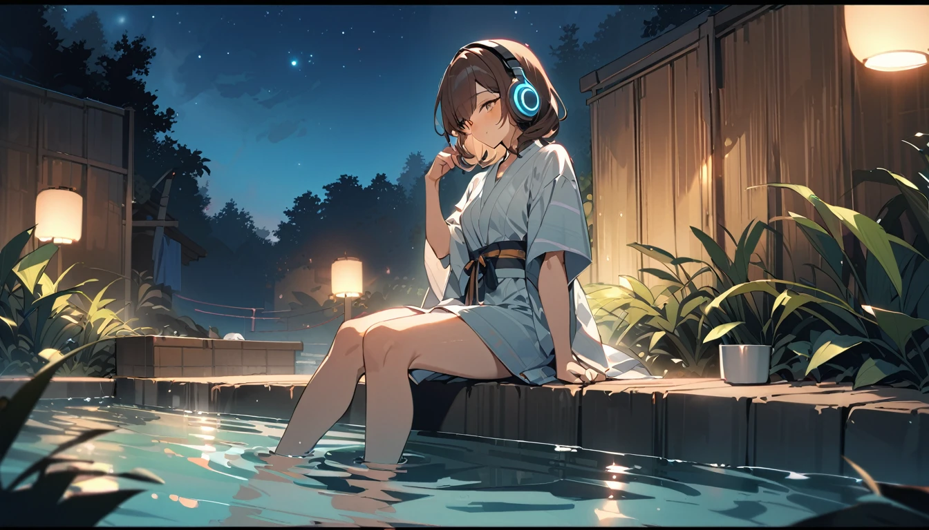 background:Open-air bath。There are bamboo forests all around.、The quiet night sky spreads out。
expression:relaxed smile。The warmth of the hot springs is soothing。
Costume:yukata。My hair is a little damp after taking a bath。
Pause:Sitting on the edge of the hot spring、He sits quietly scooping hot water with one hand.。
scene:In the silence of the night、Soaking in the hot springs is soothing to the mind and body.。
(Brown haired woman wearing headphones), (夜のOpen-air bath), (Very detailed, masterpiece, Highest quality, bright), (Anime Style), (Cowboy shot or close-up)。