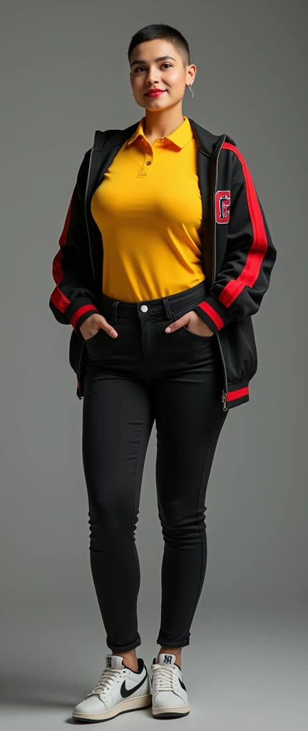 craft a hyper realistic full body length hourglass photo of north Indian beautiful face woman in her age 33, 38B cup huge round firm breasts, Red Black sports bra with jacket and tattoos all over body, Black jeans slim fit ]] [[Razor cut bob cut hair full body pose, highly detailed, wearing Chicago Bulls Jordan hoodie jacket and tracks, cute smile, colorized, smooth, charming, pretty big sexy smile, red lipstick, soft lips, supple skin, attractive appearance, full body length photo with shoes.