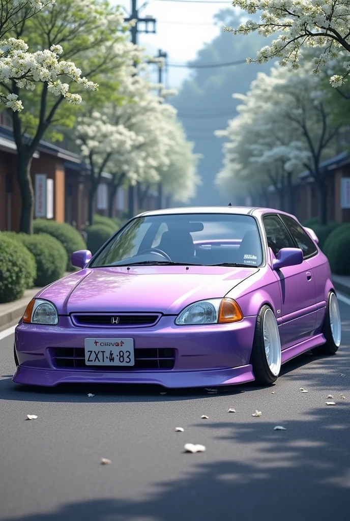 A 1995 Honda Civic lavender color with a front lip and side skirts, simple white wheels in front of trees with white flowers on a street in Japan in wallpaper format.