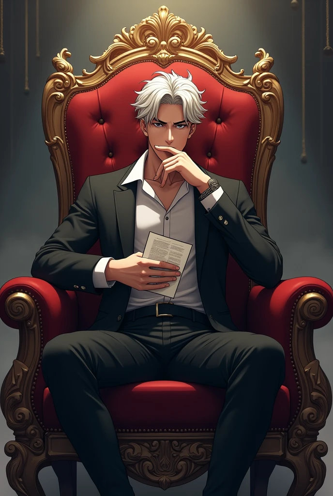 anime man sitting on throne, supporting chin on one hand, and in the other hand holding a letter