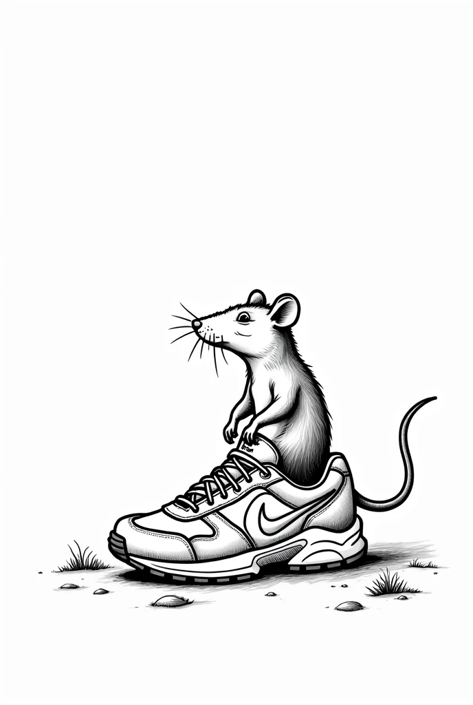 Traditional design with thick lines of a rat sitting on top of a nike tn sneaker sunbathing in black and white