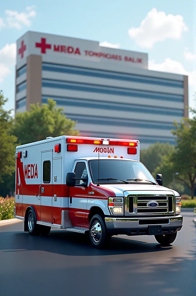 Ambulance vehicle, in front of a hospital