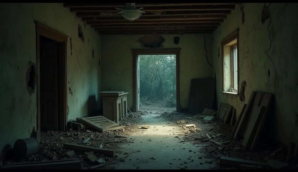 A first-person view of a derelict room inside an abandoned house at night. The room is filled with debris, broken pieces of wood, and scattered objects on the floor. The walls are damaged, with cracks and holes, and a large opening at the back of the room reveals a dark, overgrown outdoor area. The scene is illuminated by a flashlight, casting eerie shadows and highlighting the decay and desolation of the space. The atmosphere is haunting and unsettling, evoking a sense of dread and mystery.