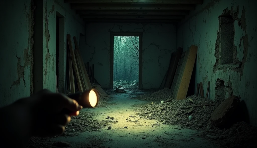 A first-person view of a derelict room inside an abandoned house at night. The room is filled with debris, broken pieces of wood, and scattered objects on the floor. The walls are damaged, with cracks and holes, and a large opening at the back of the room reveals a dark, overgrown outdoor area. The scene is illuminated by a flashlight, casting eerie shadows and highlighting the decay and desolation of the space. The atmosphere is haunting and unsettling, evoking a sense of dread and mystery.