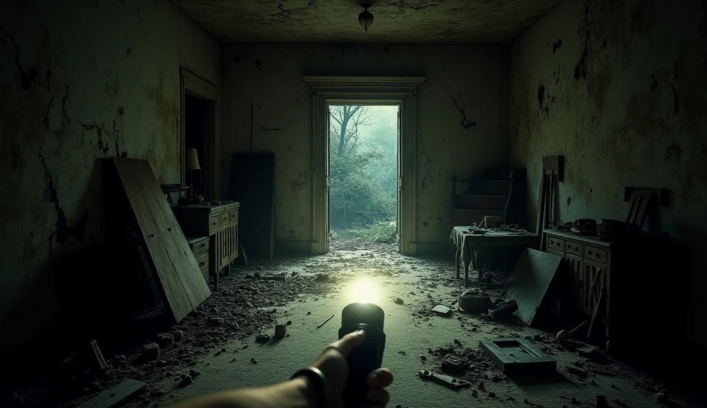 A first-person view of a derelict room inside an abandoned house at night. The room is filled with debris, broken pieces of wood, and scattered objects on the floor. The walls are damaged, with cracks and holes, and a large opening at the back of the room reveals a dark, overgrown outdoor area. The scene is illuminated by a flashlight, casting eerie shadows and highlighting the decay and desolation of the space. The atmosphere is haunting and unsettling, evoking a sense of dread and mystery.