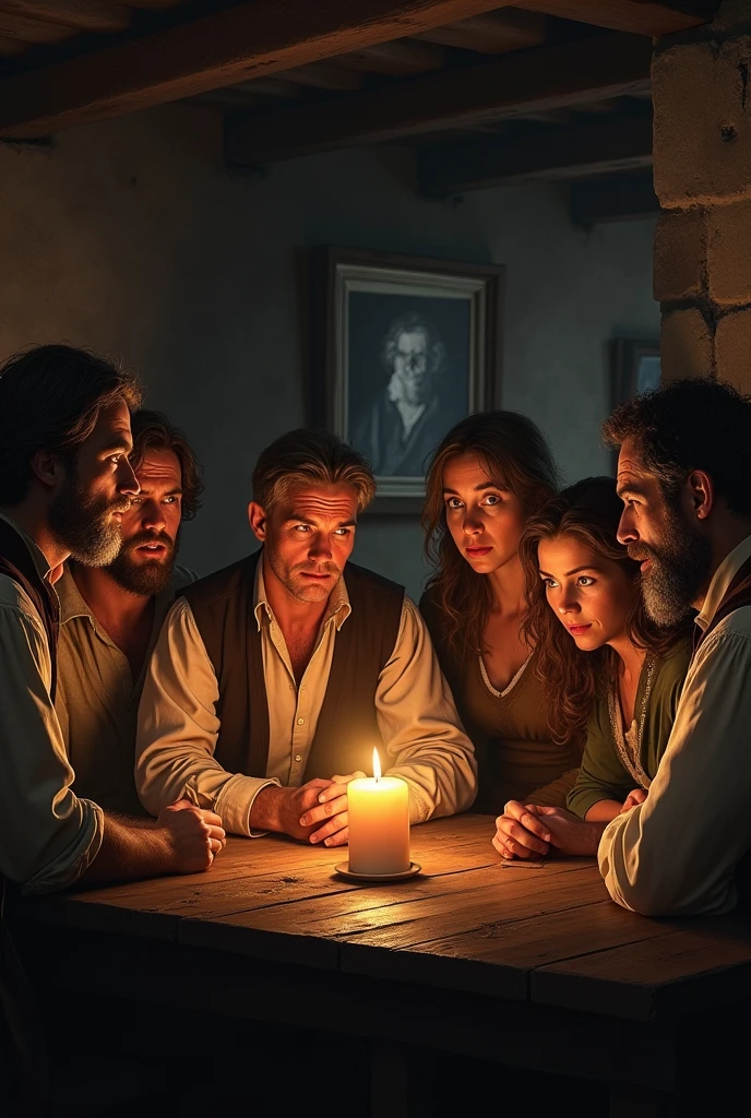 villagers in 1750, telling scary stories, with an expression of astonishment, candlelight in a bar