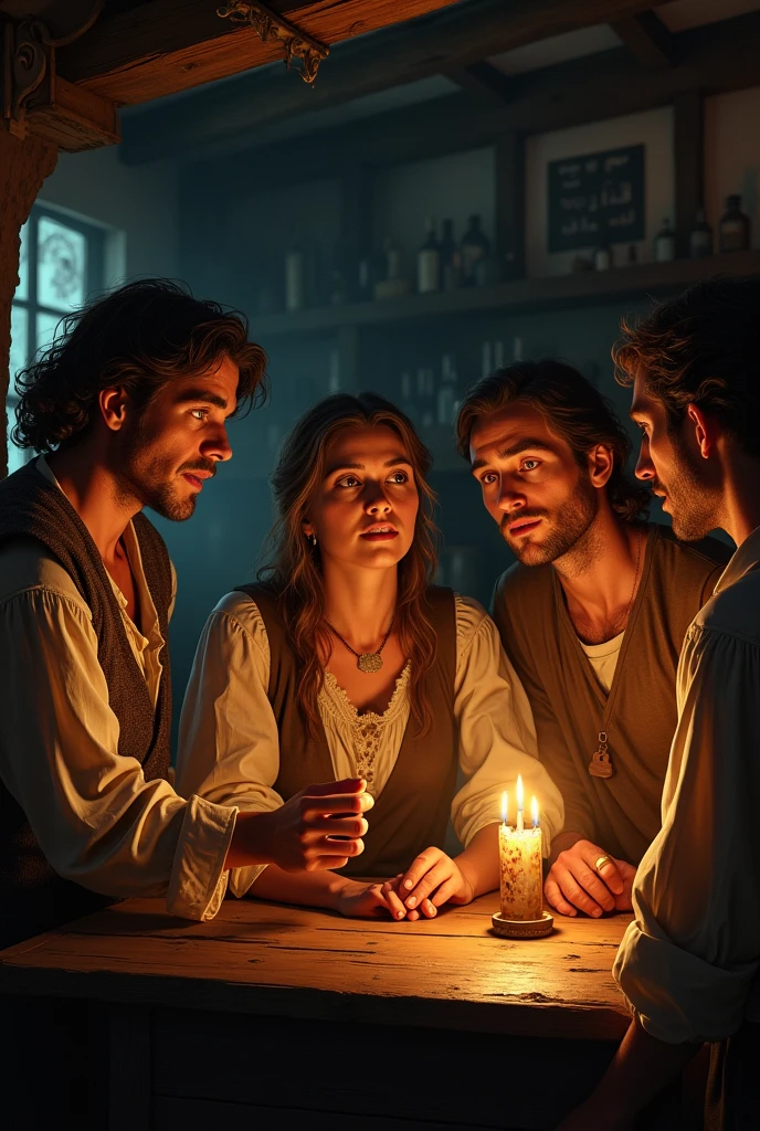 villagers in 1750, telling scary stories, with an expression of astonishment, candlelight in a bar