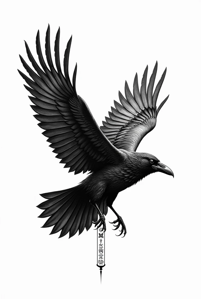 Create a black and white pointillism tattoo of a raven flying with worn feathers towards the horizon with Viking runes