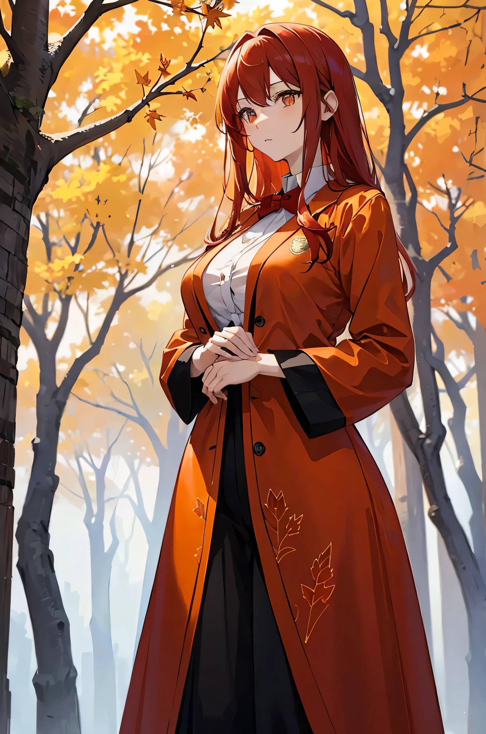 Masterpiece, best quality, an anime girl with long, flowing red hair and autumn orange eyes. Her eyes contain delicate floating maple leaf patterns that gently shimmer in the light. She is standing gracefully in a forest with autumn leaves falling around her. Her gaze is soft yet captivating, with the leaves in her eyes reflecting the surrounding autumn scenery.