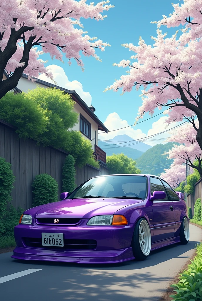 A 1995 purple Honda Civic with a front lip and side skirts and simple white wheels in front of trees with white flowers on a street in Japan as a wallpaper.