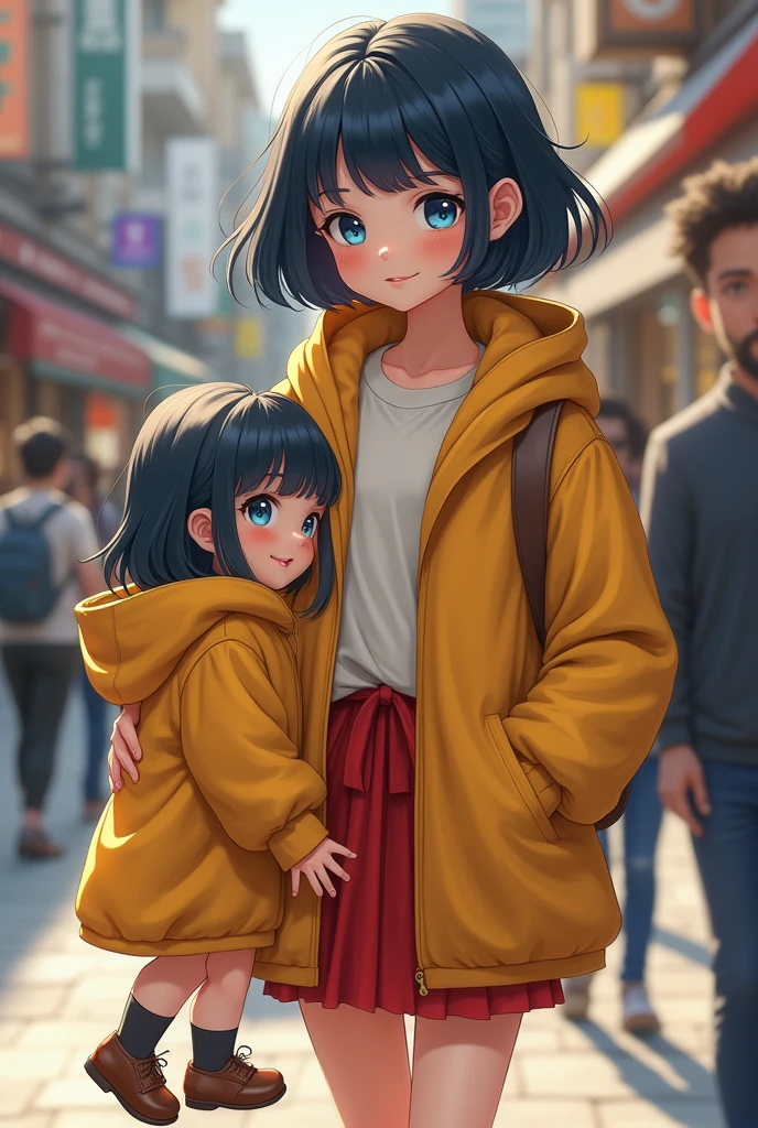 realistic style, 4k, best quality, she, 1 child, blue eyes, rectangular face type, triangle body type, wearing yellow coat with hood backwards and a red ultra mini skirt above the knee, wearing brown leather women's shoes, dark blue hair with straight bangs and short haircut, realistic, 4k, best quality