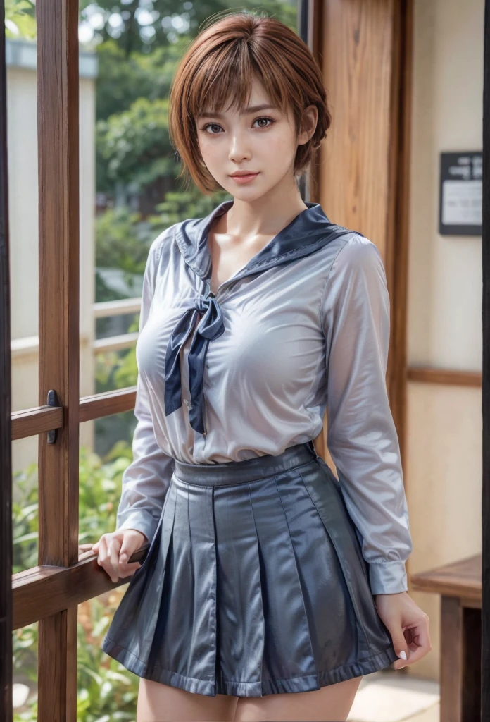 kasumi, eyes browns, (best qualityer, ultra detail), (realisitic:1.37), beautiful and detailed face, ultra-realisitic texture, Exquisite face, Delicate body, red lipgloss stick, shiny colors. High definition, 8k, expression a slight cute smile