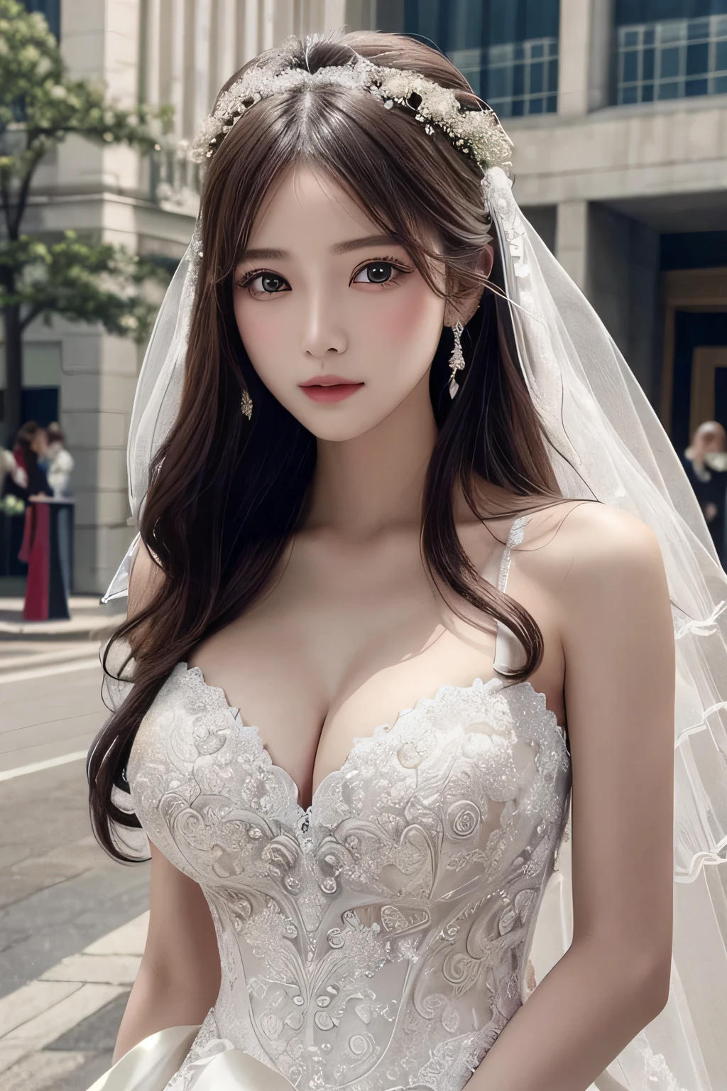 One Girl, 1 person,Highest quality,High resolution,超High resolution,8k,Realistic,Upper Body,encounter_audience,Large Breasts, the body is slim,(Wedding Dress:1.2),