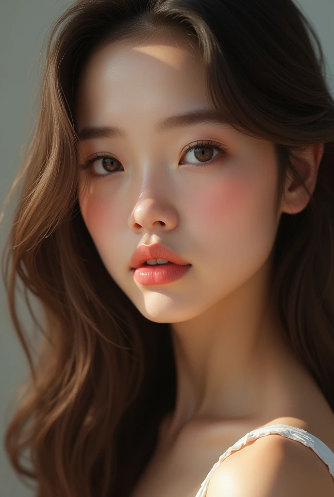 close up of American born girl brown hair pinkish lips big eyelashes no jawline not fat, beatul