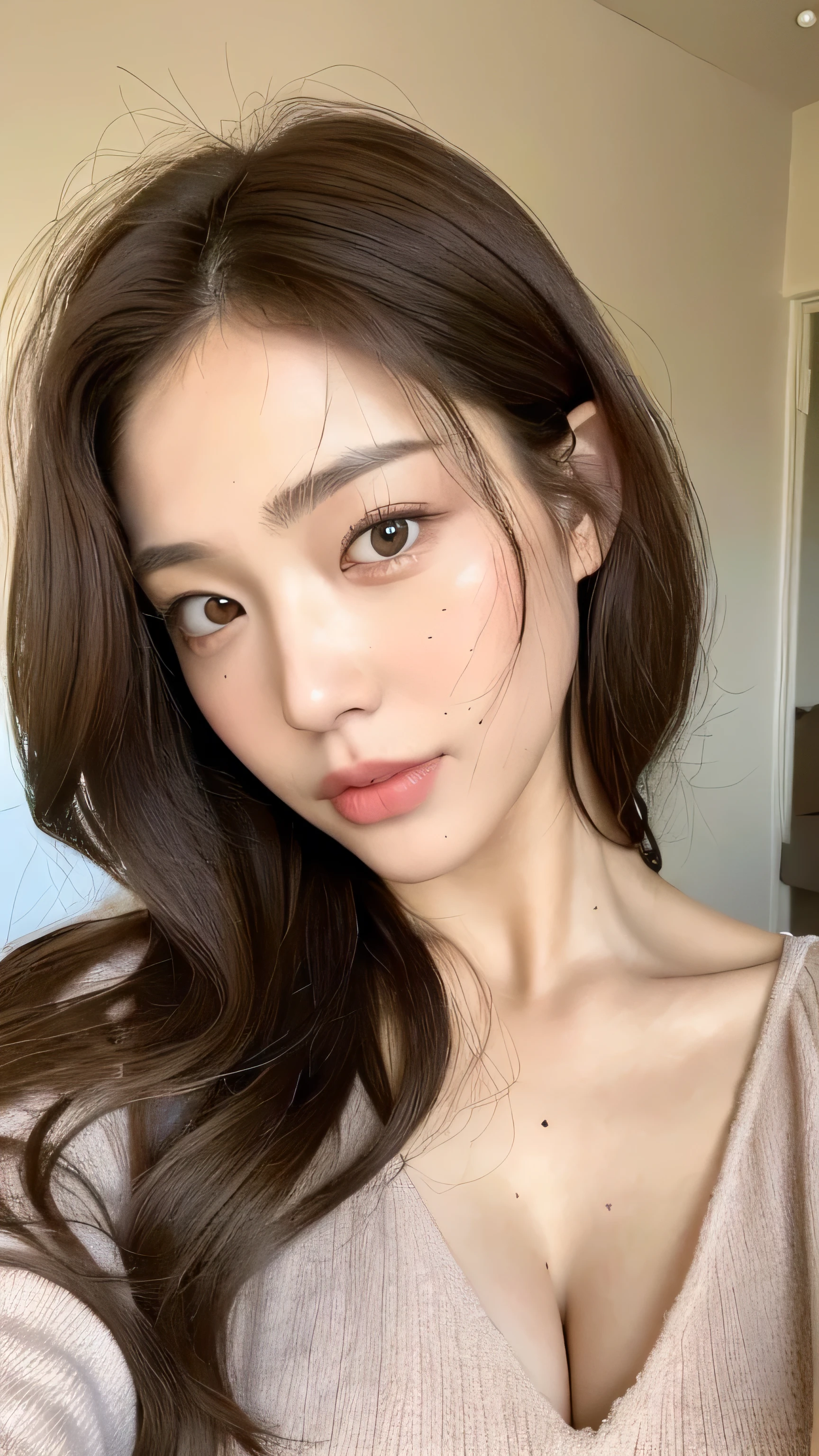 ((Highest quality, 8k, masterpiece: 1.3)), 1 female, Japanese Mature,Sensual beauty: 1.3, (Hair style Brown hair Medium wave, big: 1.2), Nightwear: 1.1, Super Slender Face, Delicate eyes, double eyelid, Dimples,Mole, Home,Plump body, Cleavage, very thick legs, Cowboys photographed from the air