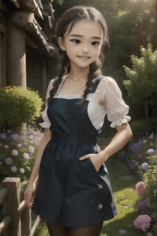 (Highest quality,16K,High resolution,masterpiece:1.2), Very detailed, (Deformed, Realistic, Realistic:1.3)，Very ，Cute girl，Very short stature，Flat Chest，Laughing happily, Brown eyes，length, fluffy, Black hair braids，White Dress，Appreciating the Japanese Tanuki，The raccoon is much bigger than the girl....，Tanuki is a Japanese raccoon dog，The background in the middle of summer is the garden of a country house，Clothes that become transparent due to sweat，Very cunning gestures，