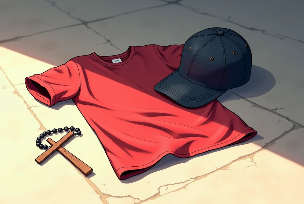Red T-shirt crumpled on the floor and next to it a baseball cap and a rosary 2d style anime visually beautiful very anime Anime style anime