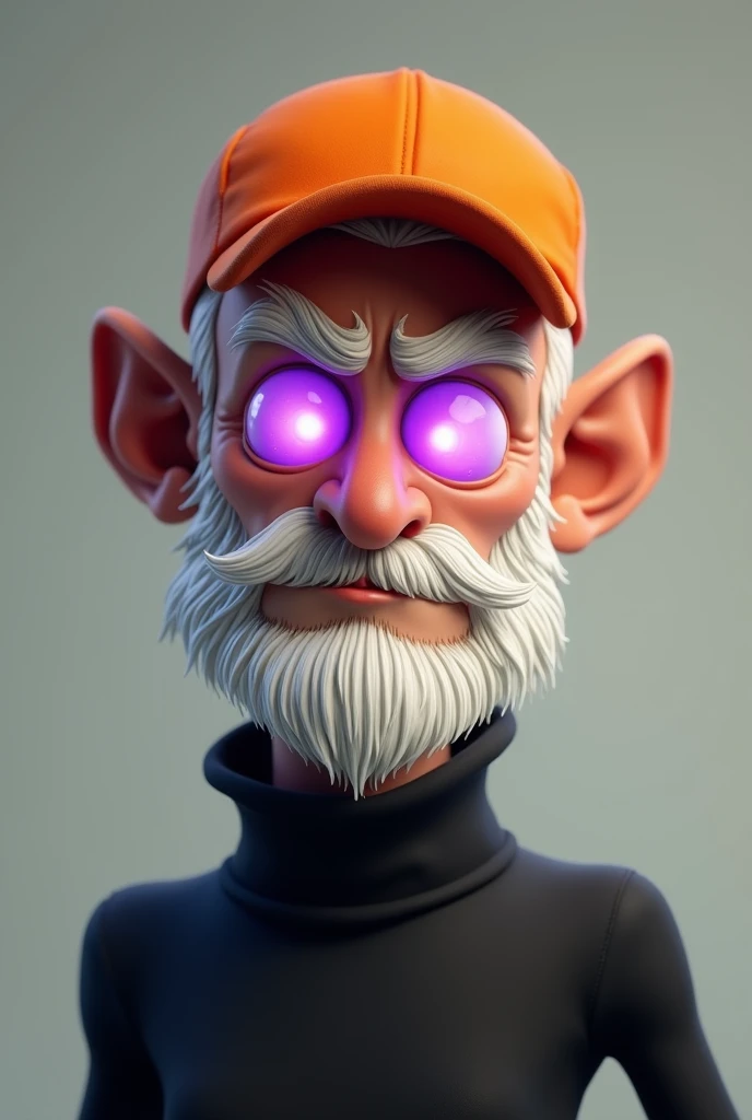Create a cartoonish male character with a black turtleneck shirt ,white bearded , eyes with purple fire and orange cap behind