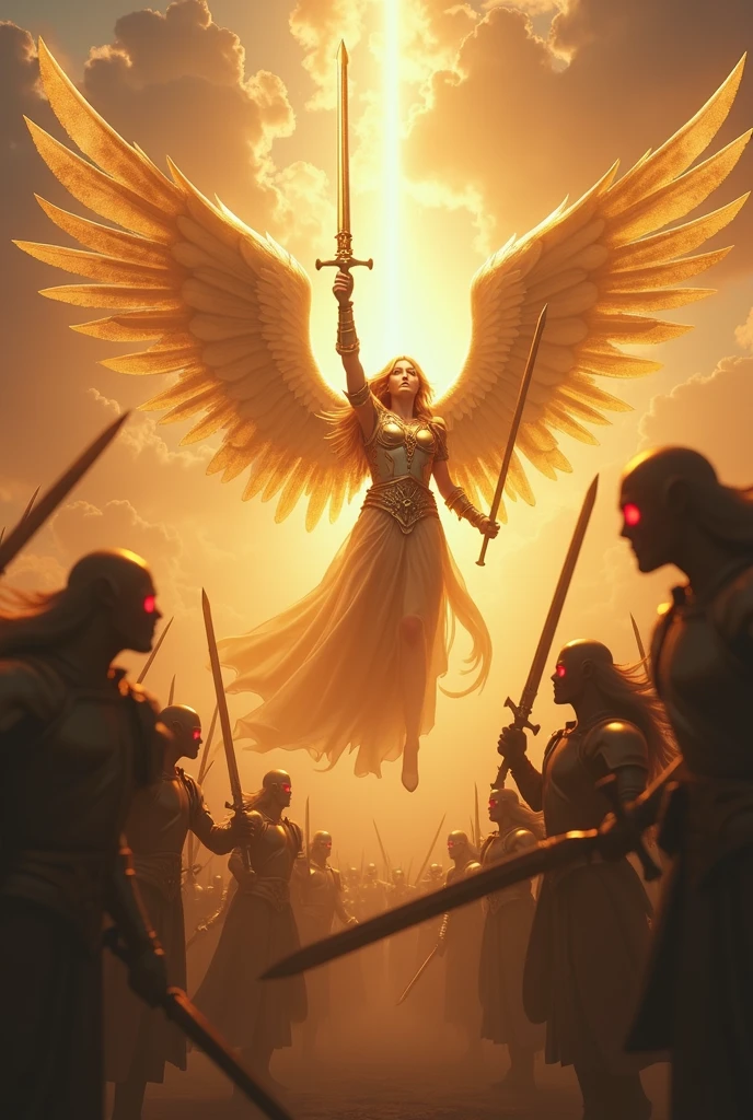 in an epic setting, an army of warrior angels emerges from the clouds, their bodies radiating a heavenly light that illuminates the heavens. With shining armor of silver and gold, each angel wields long, gleaming swords, that sparkle with divine power. Your wings are enormous and majestic, hitting hard as they fly in formation, creating gusts of wind that seem to shake the very fabric of reality.
The scene opens to a heavenly battlefield, where angels face the forces of darkness. on the other side, dark and grotesque figures, shrouded in shadows, arise from the abyss, with red eyes glowing with malevolence. These infernal creatures wield dark weapons, made of a pulsating darkness that seems to drain the light around them.
The angels advance with unwavering courage, their sacred swords cutting through the shadows and releasing bursts of pure light that purify the environment. The battle is intense and fierce, with flashes of light and shadows dancing across the field, creating a dramatic contrast between good and evil.
A leading angel, with golden wings and eyes shining with determination, raises his sword high, summoning a ray of divine light that descends from the heavens and incinerates the hordes of evil in a deafening clamor. The earth shakes and the heavens roar as the battle unfolds in slow motion, capturing the grandeur and intensity of the confrontation.
Ao fundo, powerful orchestral music heightens the tension, with heavenly choirs singing hymns of victory and hope. The video culminates with the angels triumphant., their swords raised towards the sky, as the forces of evil dissipate in a whirlwind of shadows, returning peace and light to the world
