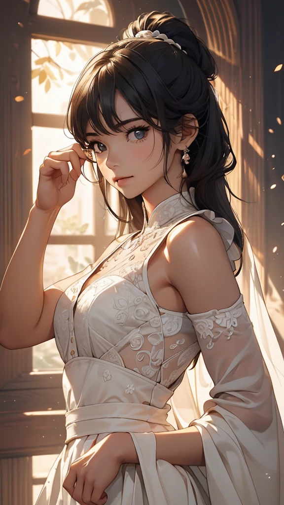 (Masterpiece), Best Quality, expressive eyes, perfect faces, (oily_paints_style of:1.1), see_door, Woman in white dress standing in front of the window, a photo of, tumblr, standing in the forest, Translucent SSS, Morning Details, revealing outfit, low angle shots, The dress\The lower of the, backlit body, Coris, White tunic, Short in stature,
