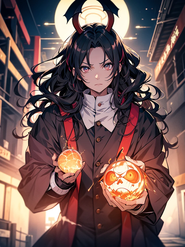 a demon lord kokushibo, akaza and douma from the anime kimetsu no yaiba, viewed from below, kokushibo in the center looking forward, akaza on the left looking left, douma on the right looking right, warm colors, neon colors, high resolution, masterpiece, anatomically correct, best quality, high details, HD model, high quality, extremely detailed, dark